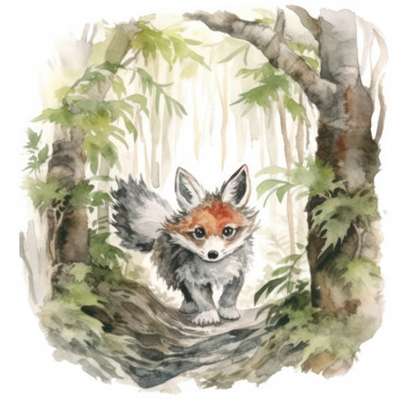 Watercolor illustration of a fox in the forest. hand-drawn illustrationの素材