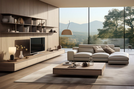 Interior of modern living room with panoramic view, 3d renderの素材