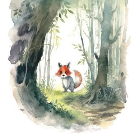 Watercolor image of a fox in the forest. hand drawn illustrationの素材