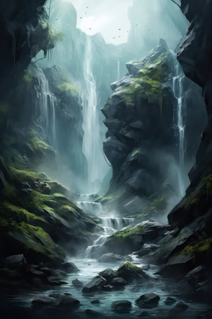 Fantasy landscape with waterfall in deep forest. 3D illustration.の素材