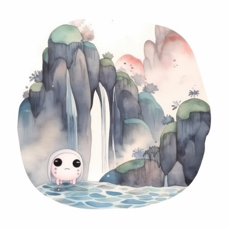 Watercolor illustration of a skull in a cave with a waterfall.の素材