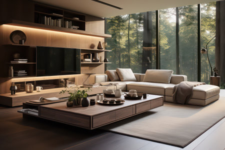 Interior of modern living room with wooden sofa and coffee table. 3d renderingの素材