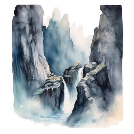 Watercolor hand drawn illustration of a waterfall on a white background.の素材