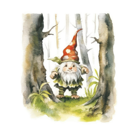 Watercolor gnome in the forest. illustration on white background.の素材