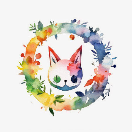 Watercolor fox in a circle of flowers and leaves. vector illustration.の素材