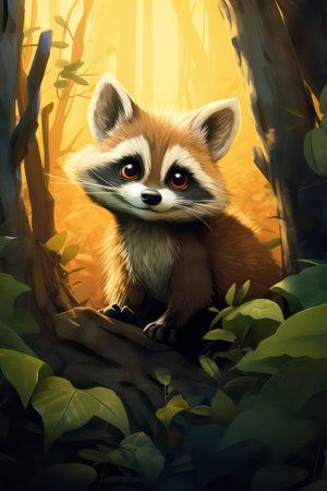 Cute red panda in the forest. digital painting. Illustration.の素材