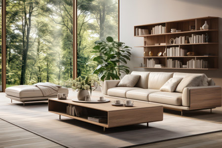 Interior of modern living room with wooden furniture. 3d renderingの素材
