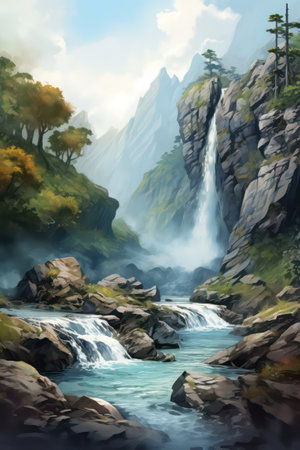 Waterfall in the mountains. Digital painting of a waterfall in the mountains.の素材