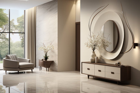 Interior of modern living room with white walls, tiled floor, beige armchair and round mirror. 3d renderingの素材