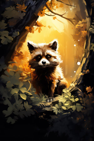 Illustration of a cute raccoon in the forest. digital painting.の素材