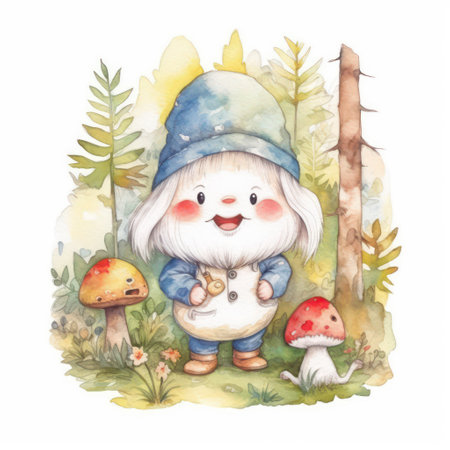 Cute gnome in the forest. Watercolor hand drawn illustrationの素材