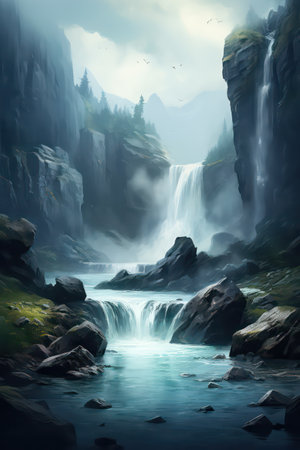 Beautiful waterfall in the mountains. fantasy landscape. digital painting.の素材