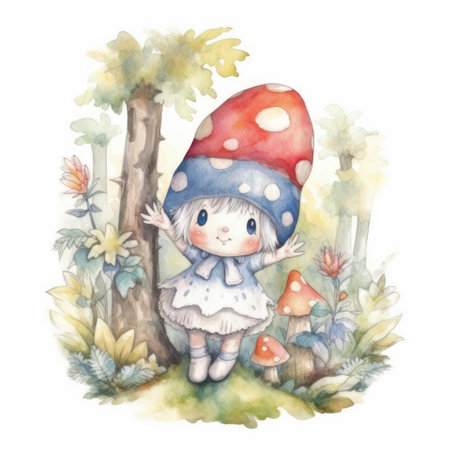 Watercolor illustration of a cute fairy tale girl in a mushroom capの素材