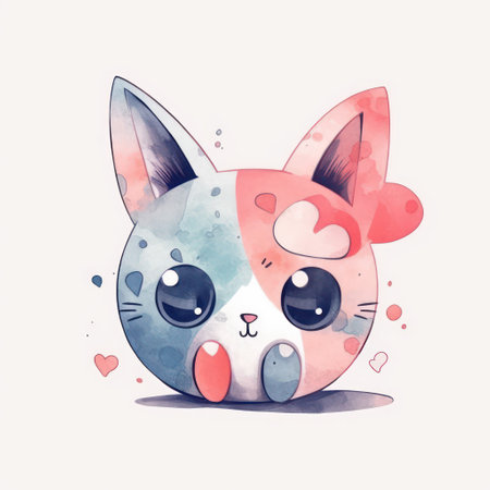 Watercolor illustration of a cute cat in love with hearts. Vector.の素材