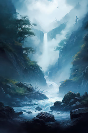 Fantasy landscape with waterfall in fantasy forest. 3d illustration.の素材