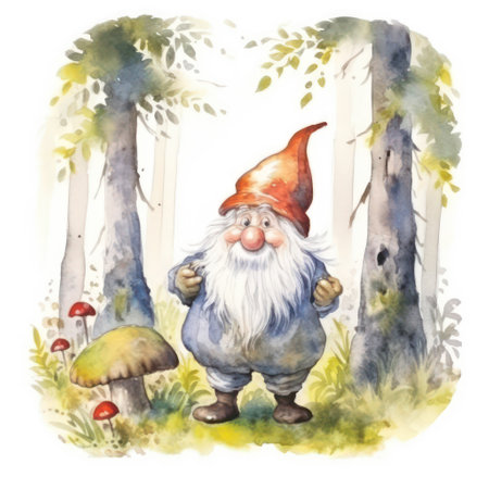 Watercolor gnome in the forest. hand-drawn illustration.の素材