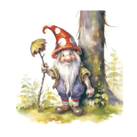 Watercolor gnome with a broom in the forest. hand drawn illustration.の素材