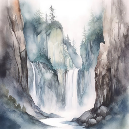 Watercolor illustration of a waterfall in the mountains. watercolor painting.の素材