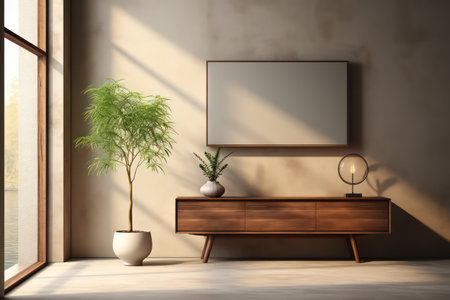 Interior of modern living room with wooden commode, plant in pot and empty frame on wall. 3d renderingの素材