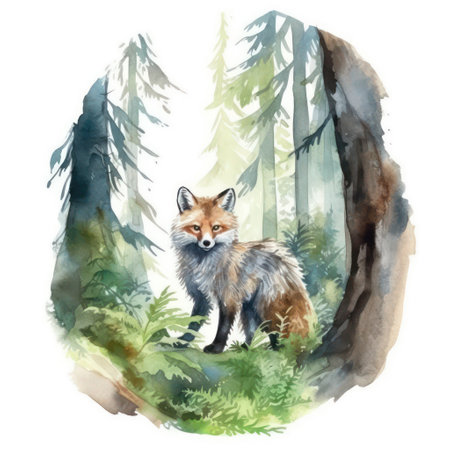 watercolor fox in the forest. Hand drawn illustration isolated on white backgroundの素材