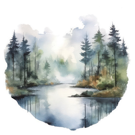 Watercolor landscape with forest and lake. hand drawn vector illustration.の素材