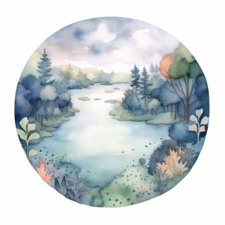 Watercolor landscape with lake and forest. hand drawn illustration for your designの素材