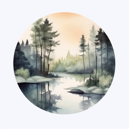 Watercolor landscape with a lake in the forest. vector illustration.の素材