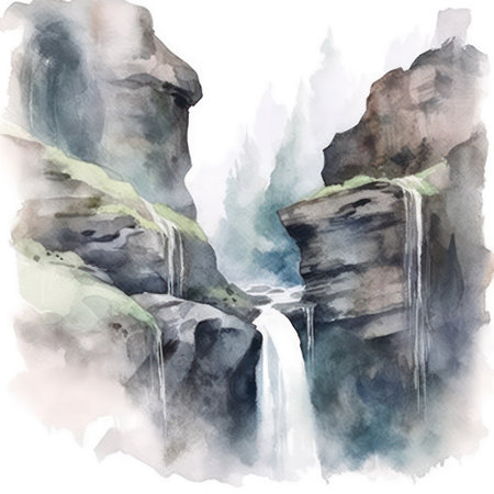 Watercolor hand drawn illustration of a waterfall on a white background.の素材
