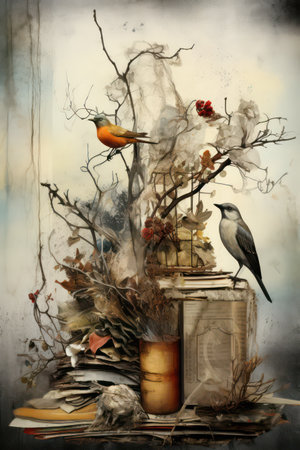 Vintage still life with books, books, birds and berries.の素材