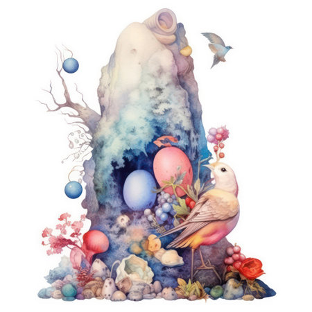 Easter composition with birds, eggs and tree. watercolor illustrationの素材