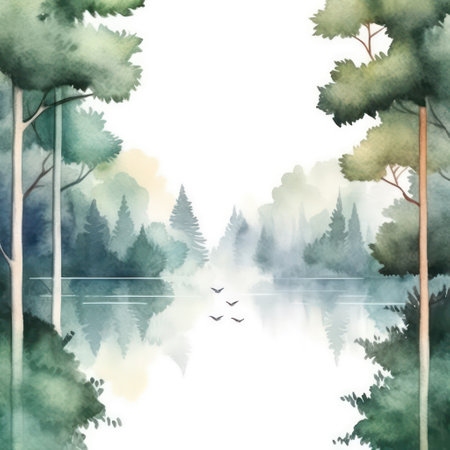 Watercolor landscape with forest and lake. hand drawn vector illustration.の素材