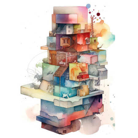 Watercolor illustration of a colorful house in the shape of a towerの素材