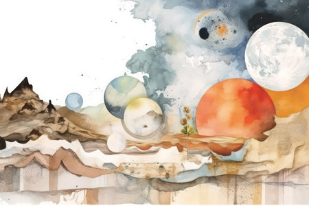 Abstract watercolor illustration of a night sky with full moon and cloudsの素材
