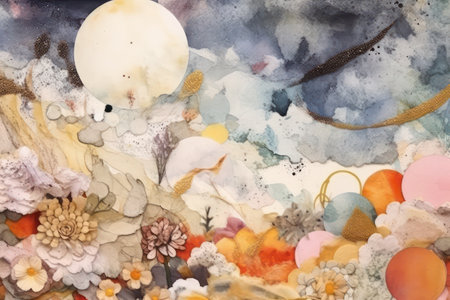 Watercolor painting of the night sky with clouds, stars and flowersの素材
