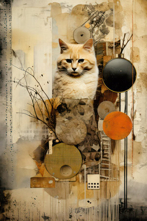 Grunge collage with a cat on the abstract background.の素材