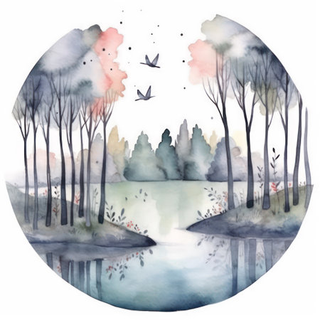 Watercolor illustration of a forest lake with trees and birds on a white backgroundの素材