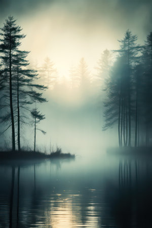 Foggy morning on the lake in the forest. beautiful scenery.の素材
