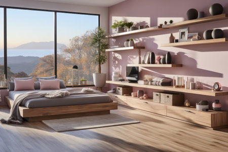 Interior of modern bedroom with pink walls, wooden floor, comfortable king size bed, bookcase and coffee table. 3d renderの素材