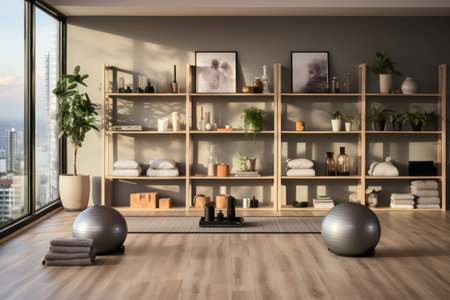 Interior of modern yoga room with bookshelves and wooden floorの素材