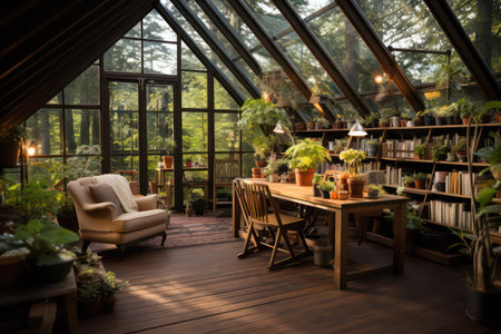 Interior of a greenhouse with plants and furniture in the evening lightの素材