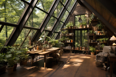 Interior of a cozy home with wooden furniture and plants in potsの素材