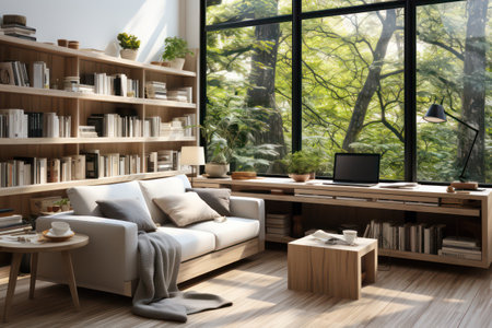 Interior of modern living room with wooden walls, wooden floor, comfortable sofa and bookshelves. 3d renderingの素材