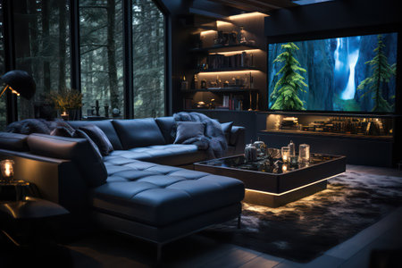 Interior of a modern living room at night. 3d renderingの素材