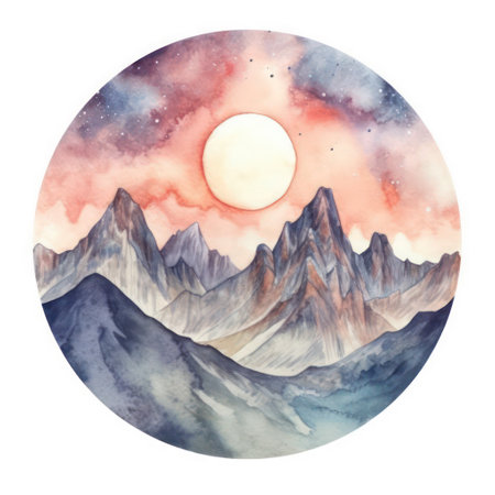 Watercolor mountain landscape. Hand drawn watercolor illustration on white background.の素材