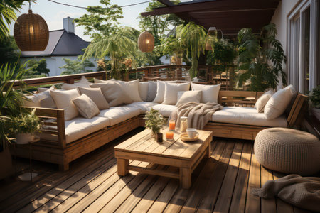 Outdoor terrace with sofa and pillows, stock photo imageの素材