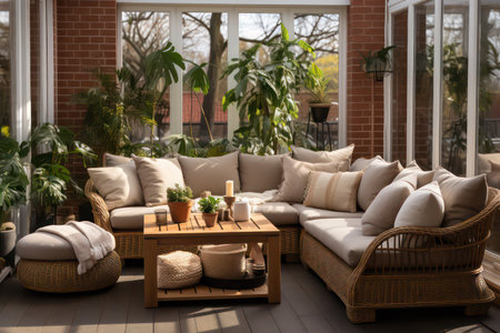 Comfortable sofa with pillows on terrace, view from outsideの素材