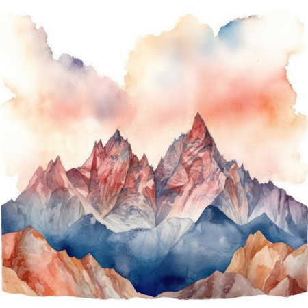 Watercolor mountain landscape. Hand drawn illustration with mountains and clouds.の素材