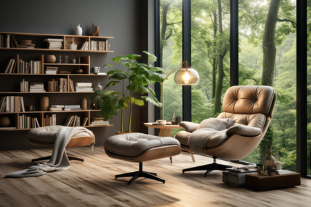 Modern living room interior with armchairs and bookshelf. 3d renderの素材