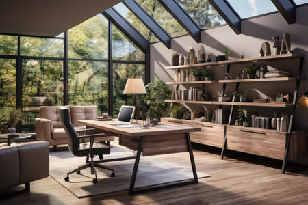 Modern office interior with furniture and window view. Mock up, 3D Renderingの素材