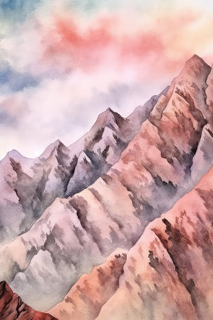 Watercolor illustration of mountains in the clouds. Hand-drawn illustration.の素材